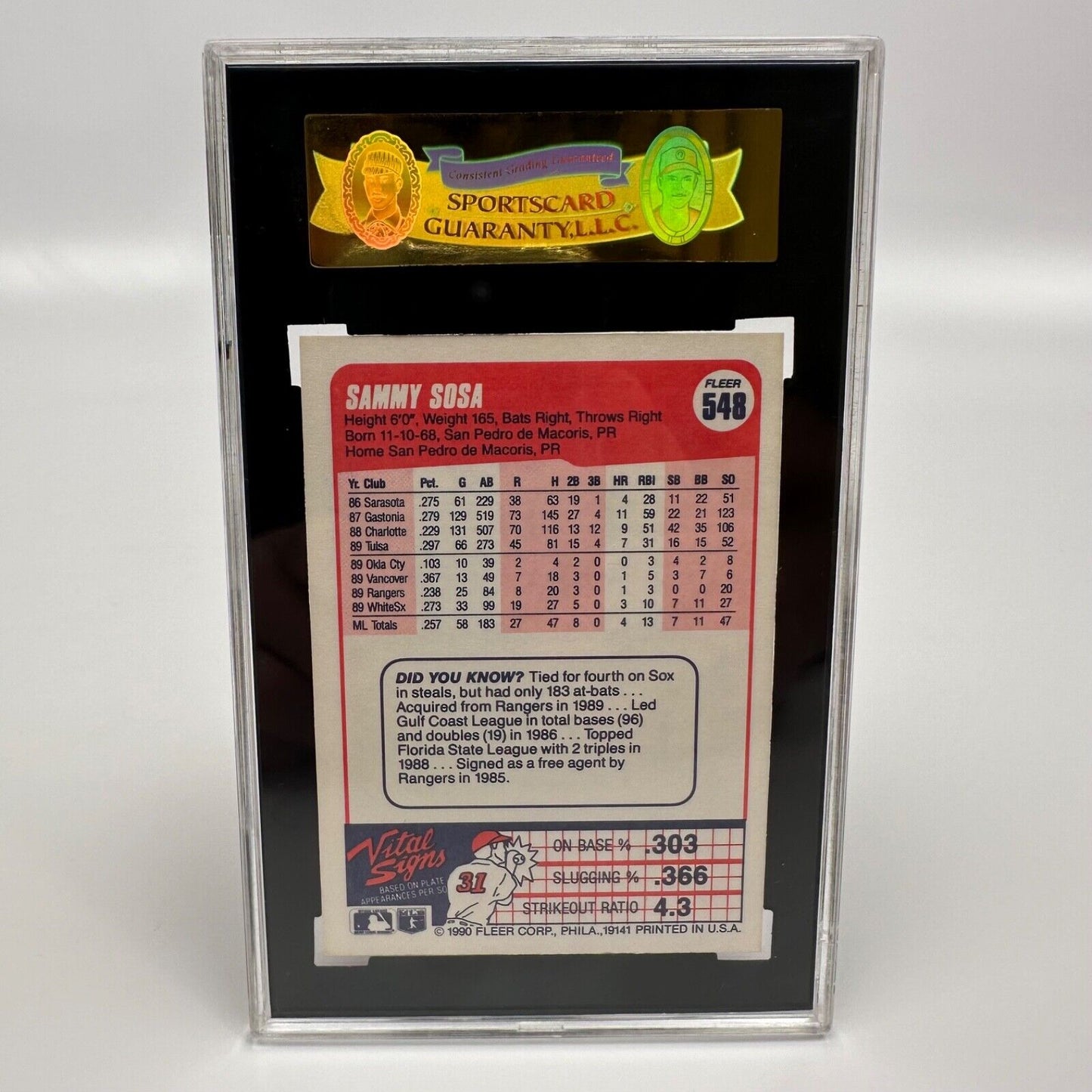 Sammy Sosa Rookie Card Baseball 1990 Fleer #548 ERROR Wrong DOB NM+ Graded 9.2