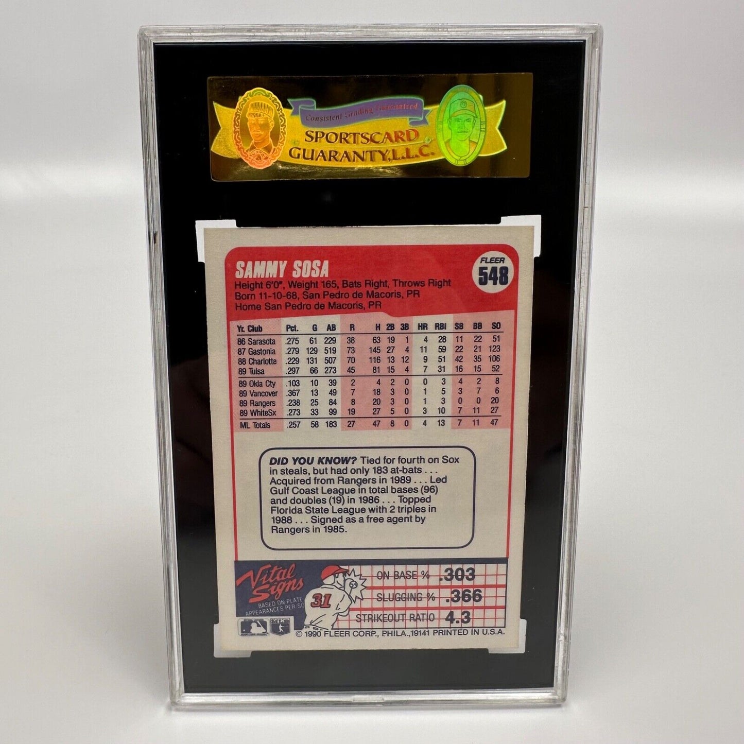 Sammy Sosa Rookie Card Baseball 1990 Fleer #548 ERROR Wrong DOB NM+ Graded 9.2