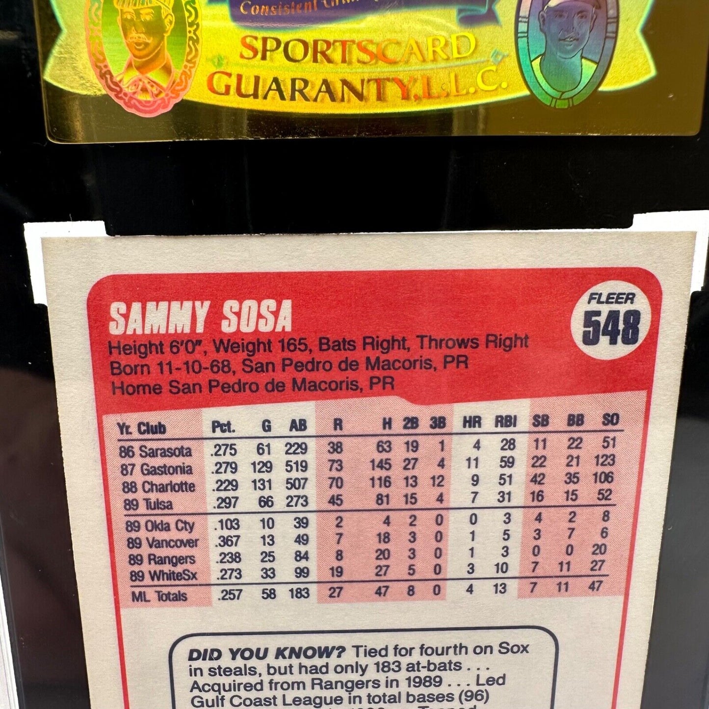 Sammy Sosa Rookie Card Baseball 1990 Fleer #548 ERROR Wrong DOB NM+ Graded 9.2